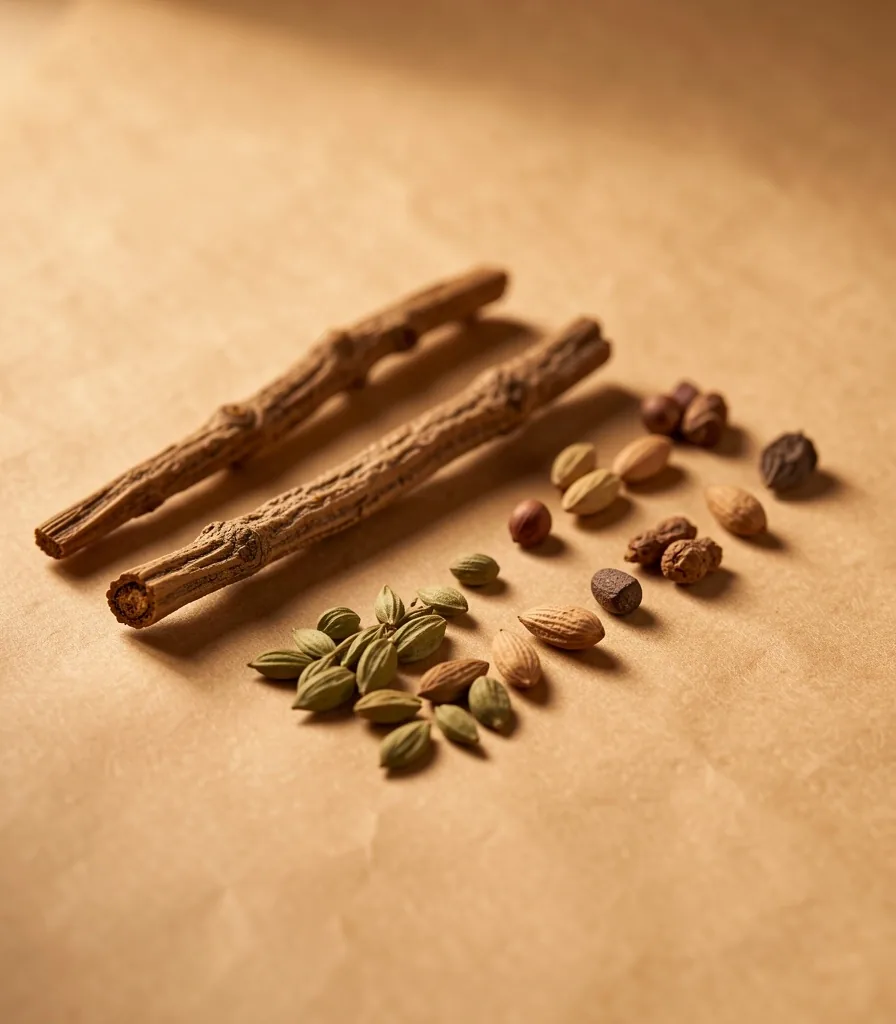 Dried botanical roots and seeds on parchment
