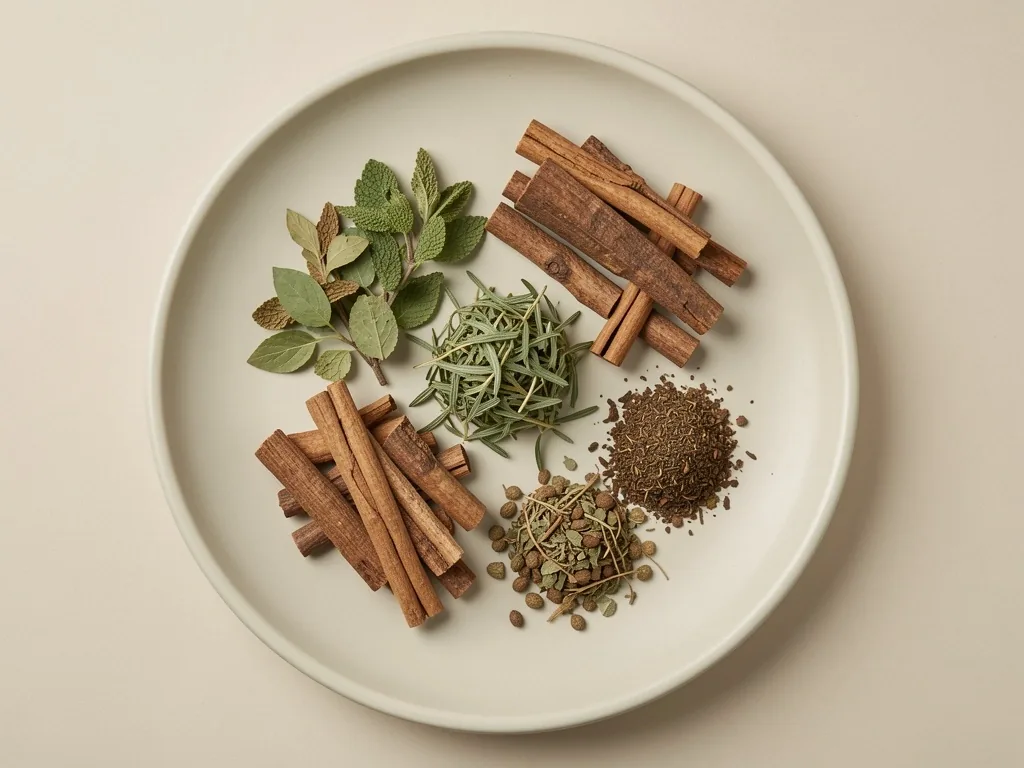 Botanical ingredients on a laboratory surface