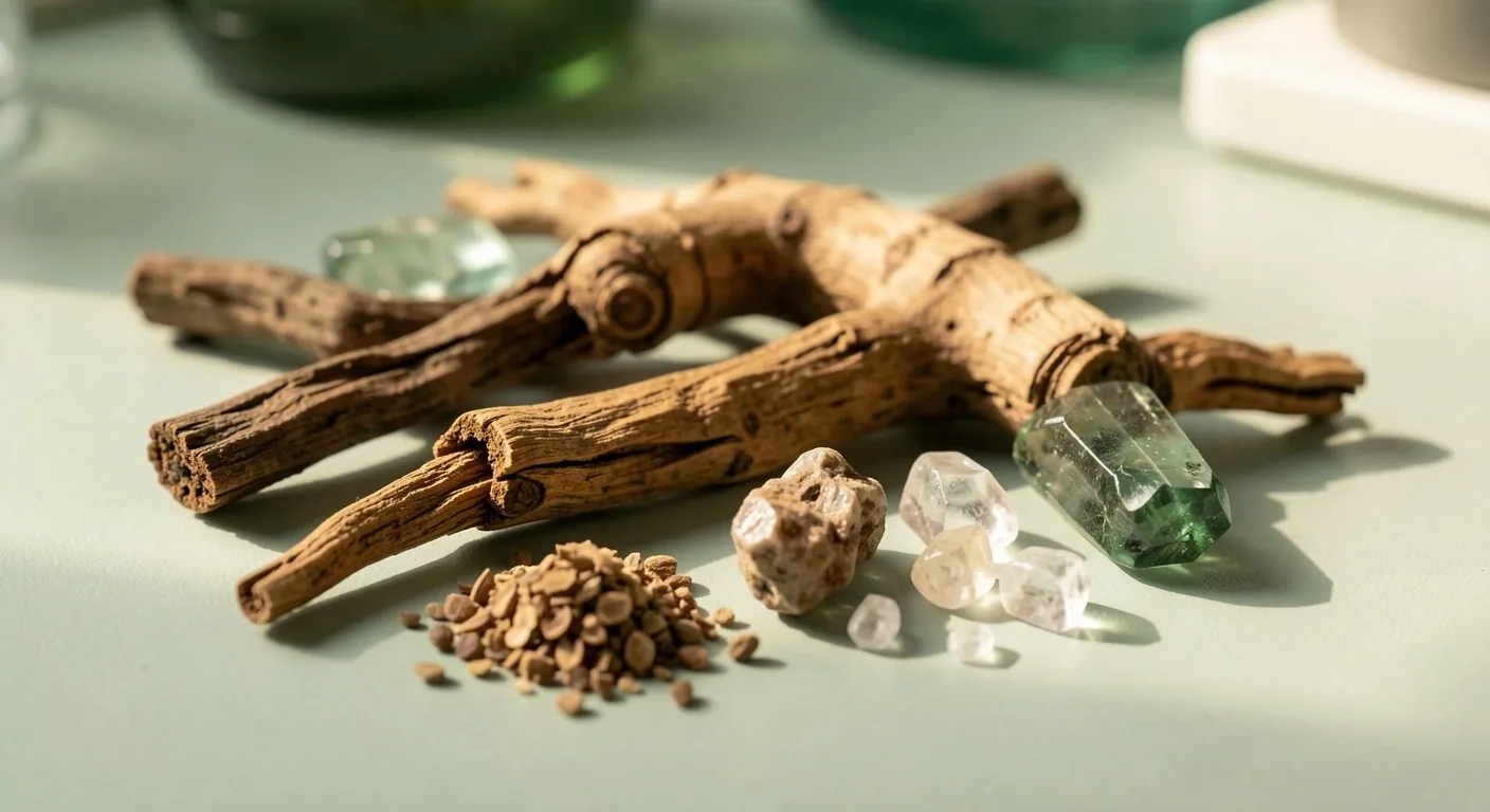 Botanical ingredients and mineral specimens on a laboratory surface