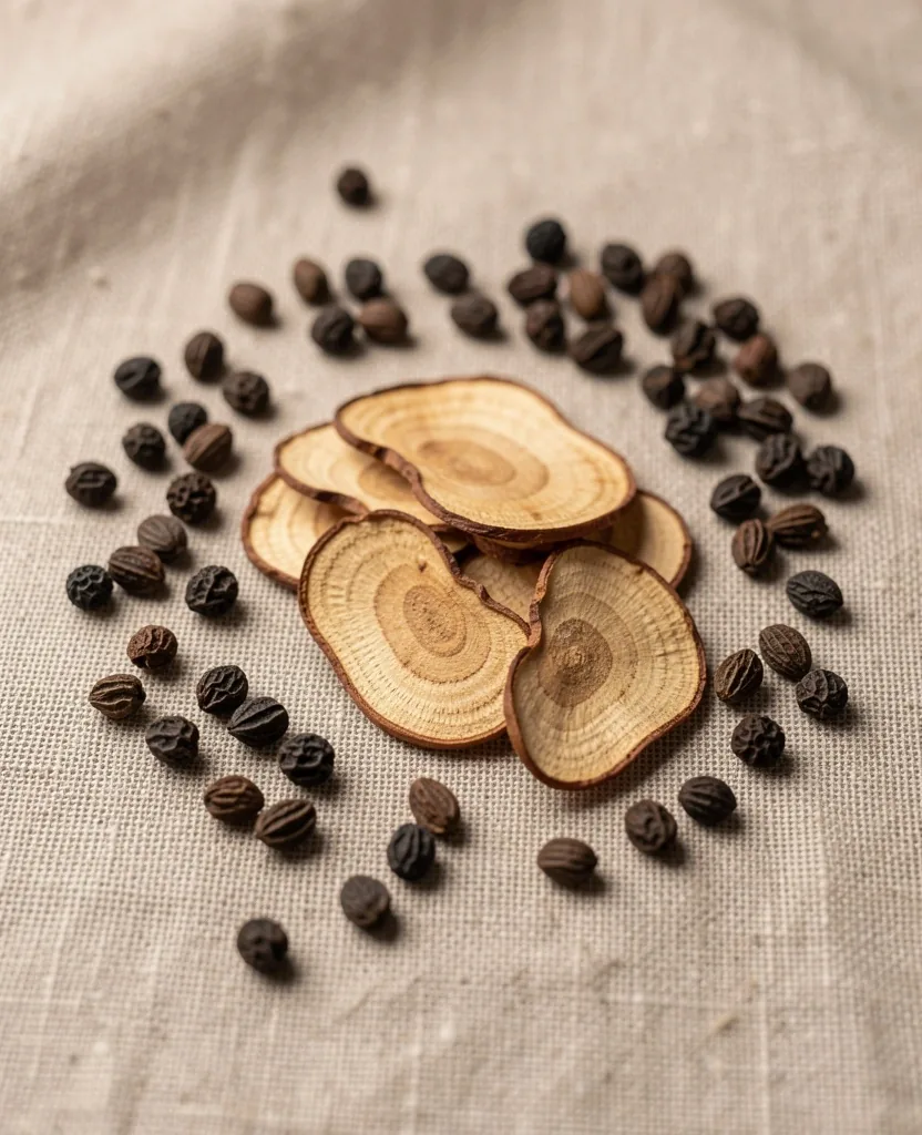 Dried botanical leaves and seeds arranged on linen