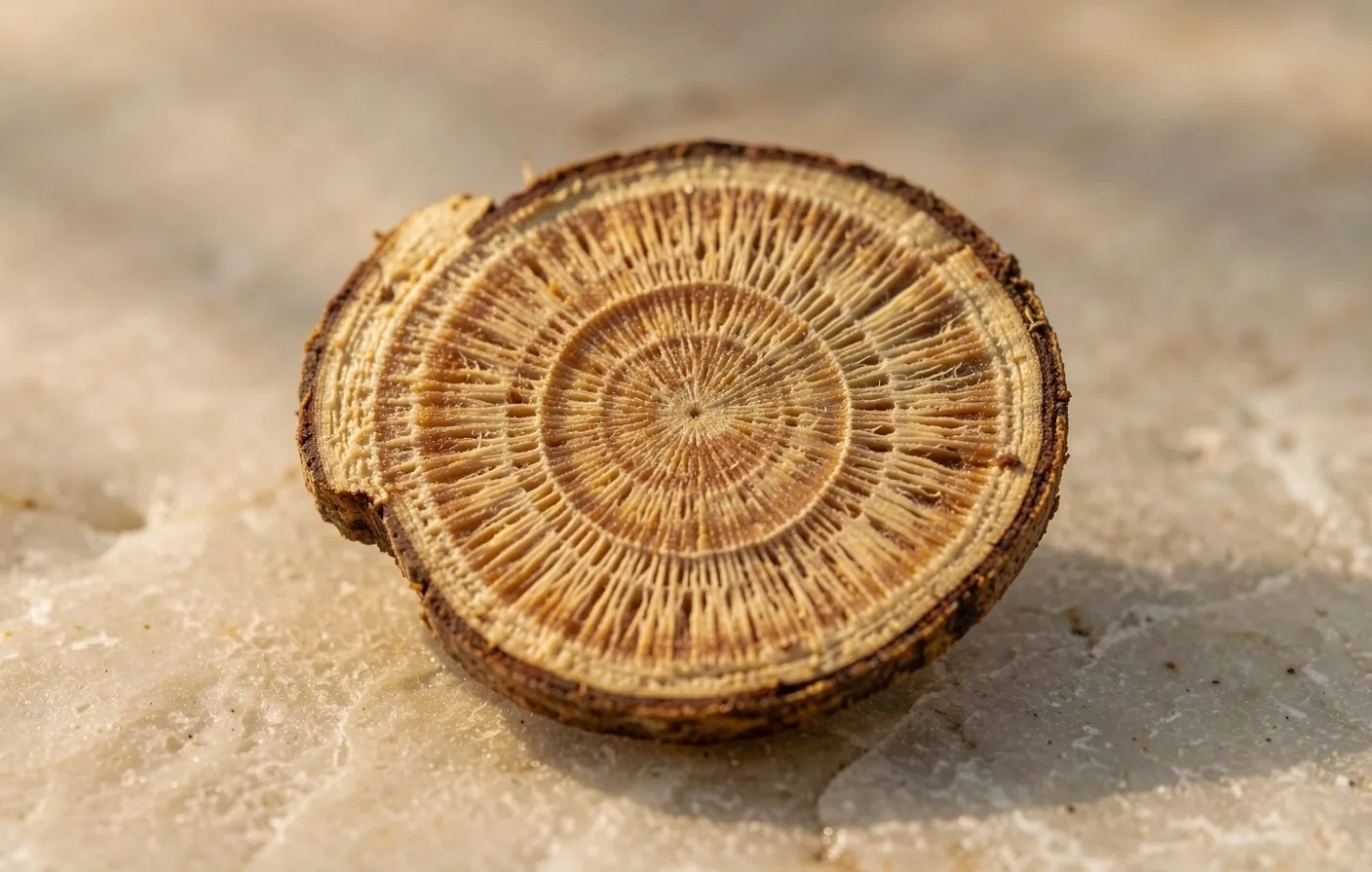 Macro view of a botanical root cross-section on a stone surface