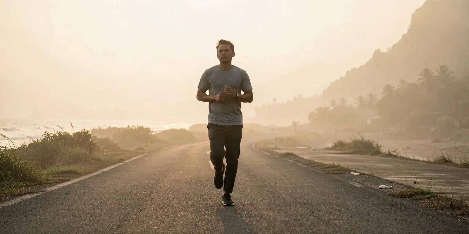 Man running on a coastal road at dawn