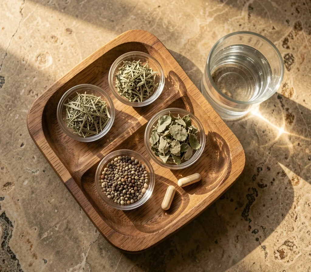 Natural capsules and botanical ingredients on a wooden tray