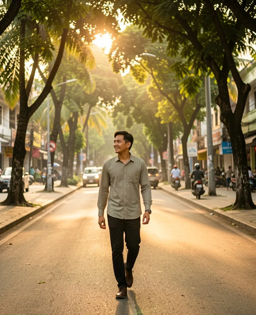 A man walking on a quiet morning street in Surabaya with tropical light