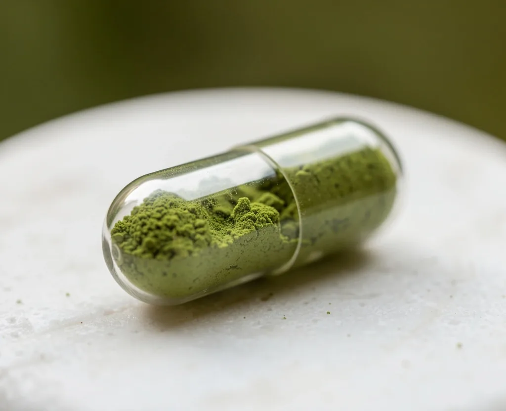 A clear capsule filled with green botanical powder on a stone surface