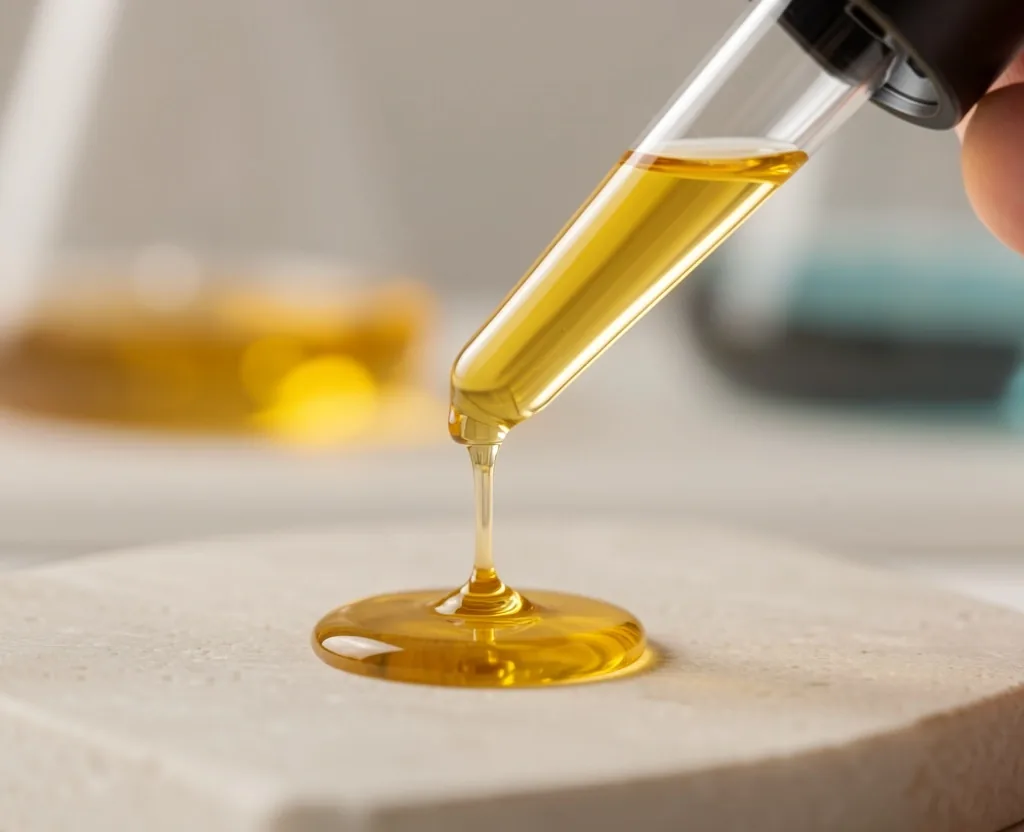 Amber liquid drops from a glass dropper on a ceramic surface