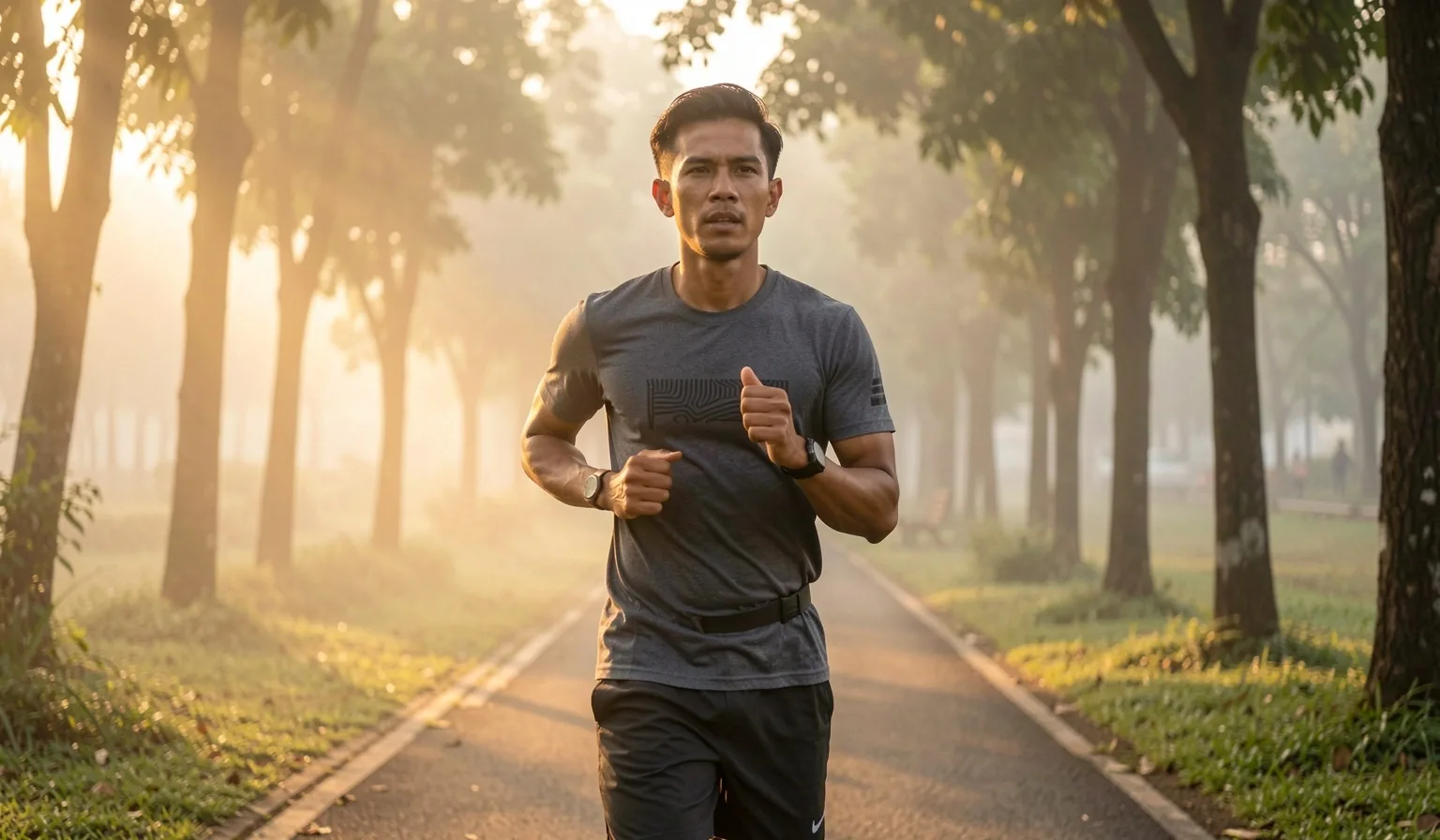 An Indonesian man jogging at dawn on an urban path
