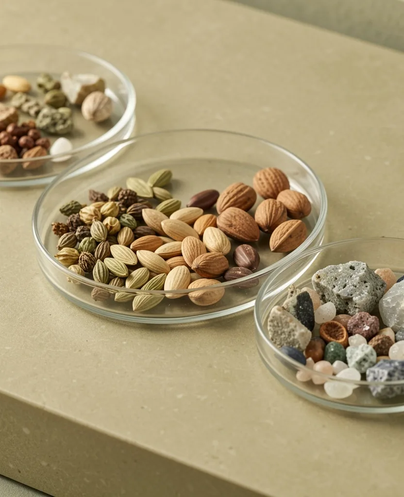 Dried herbs, seeds, and mineral specimens arranged on a laboratory surface