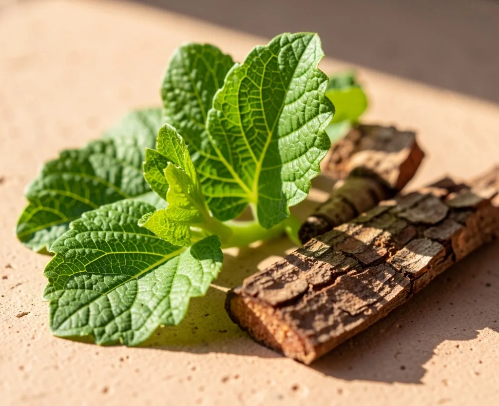 Fresh botanical leaves and roots arranged on parchment