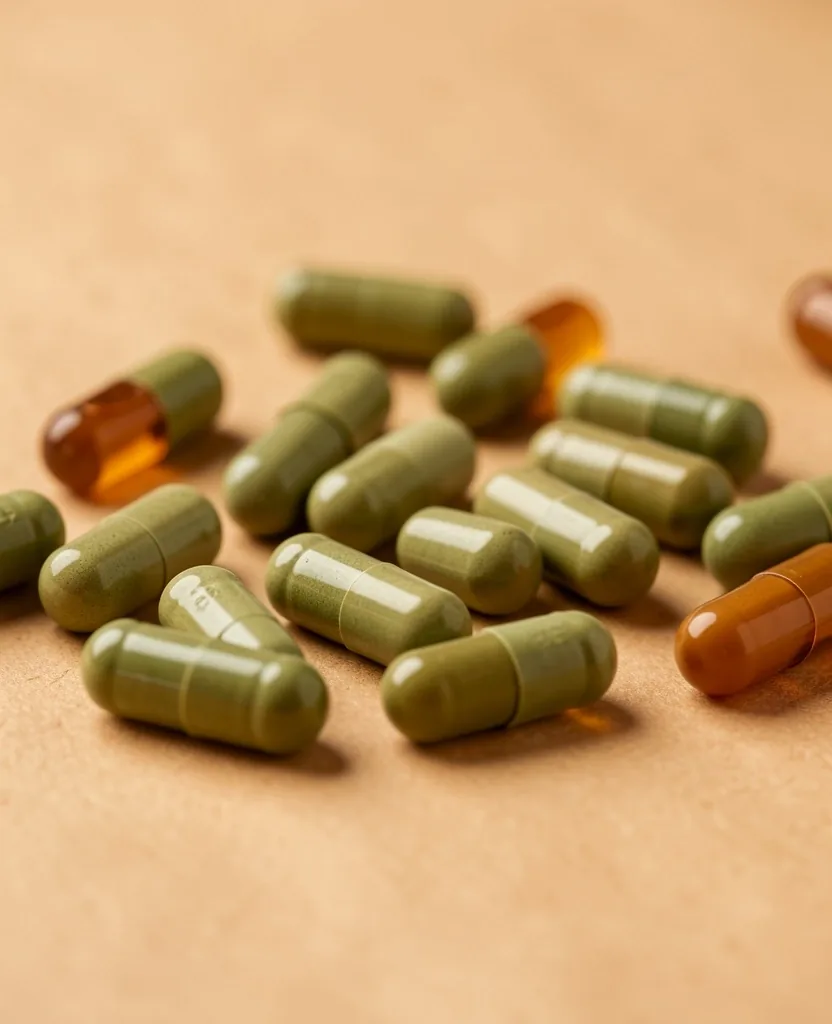 Assorted natural vitamin capsules on a warm surface