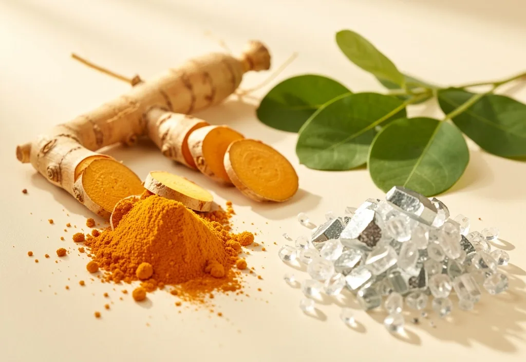 Botanical ingredients and mineral crystals on a laboratory surface