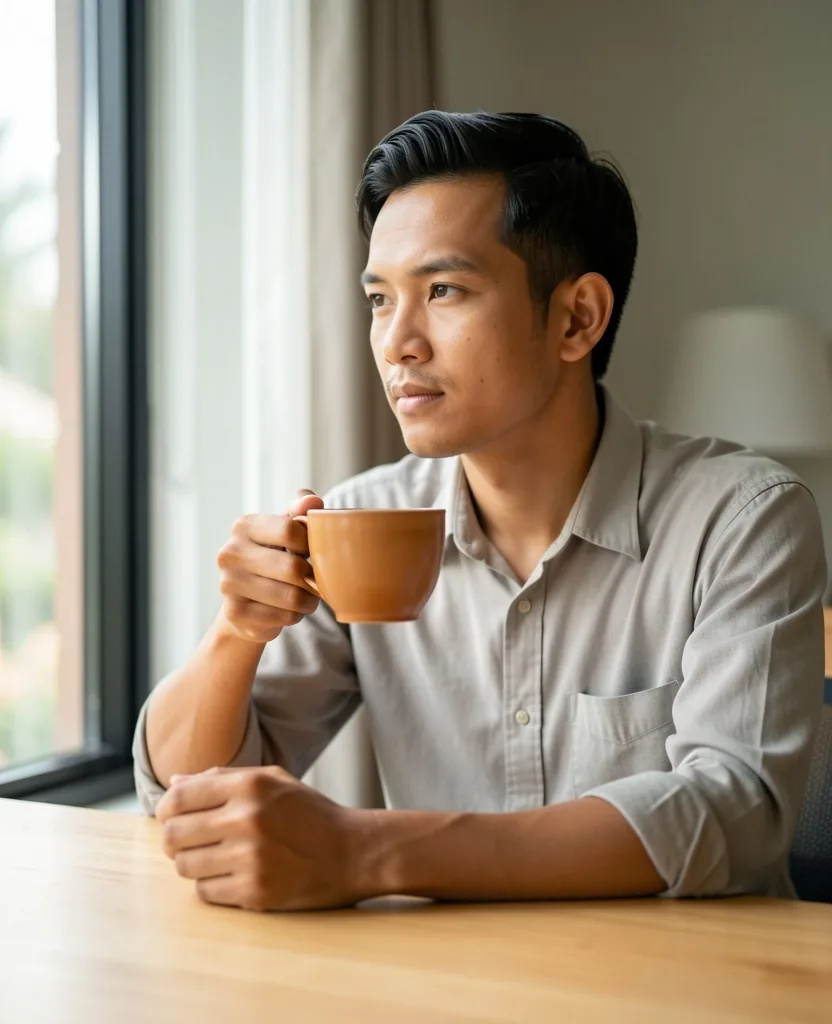 Indonesian man in a calm, focused setting with morning light