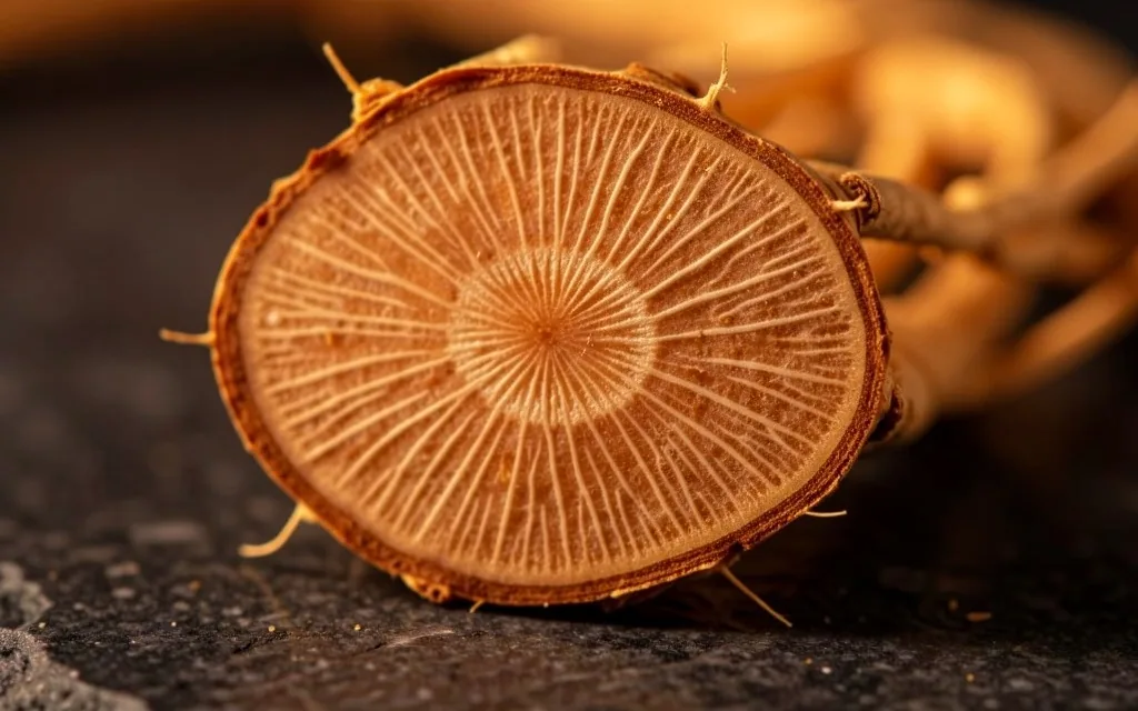 Macro photograph of a sliced ginseng root on stone
