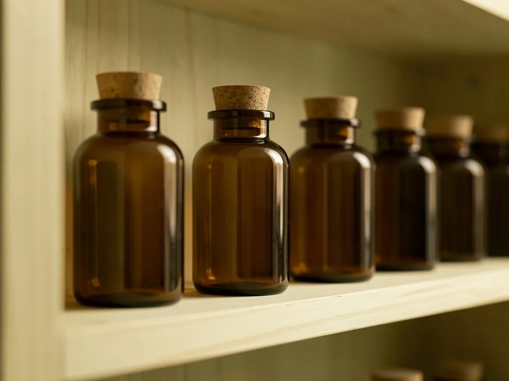 Sealed amber glass bottles on a wooden shelf