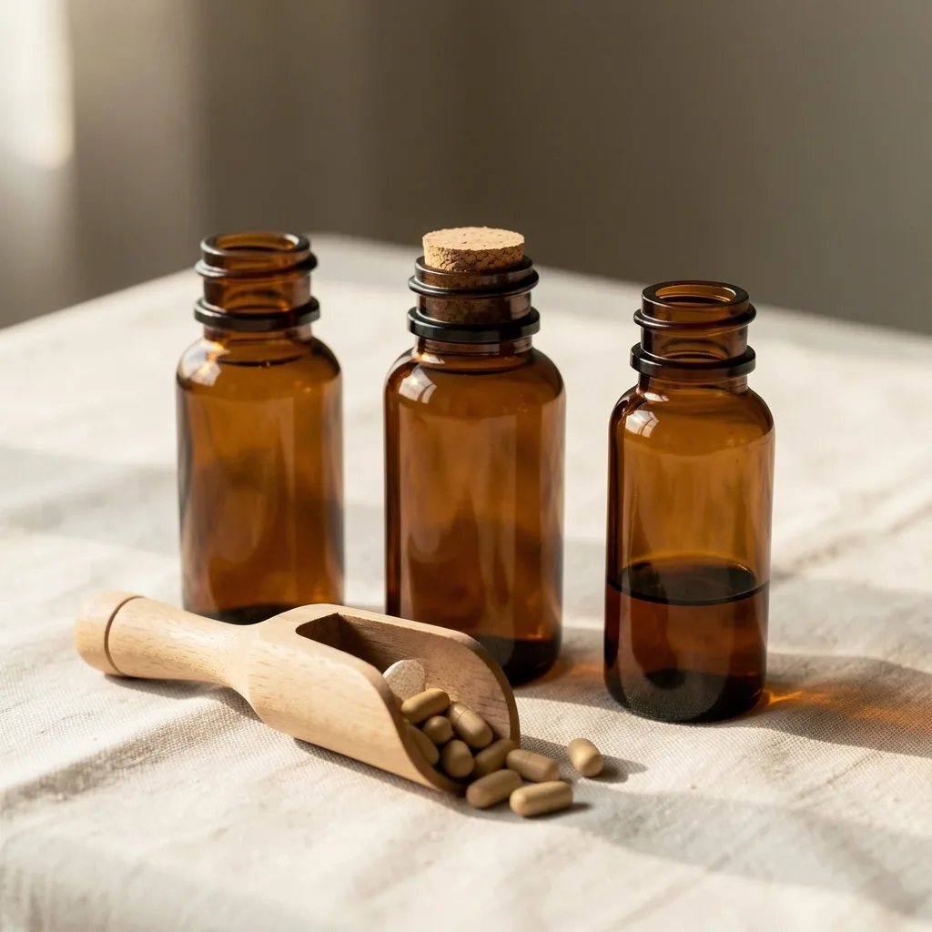 Apothecary bottles on a linen surface