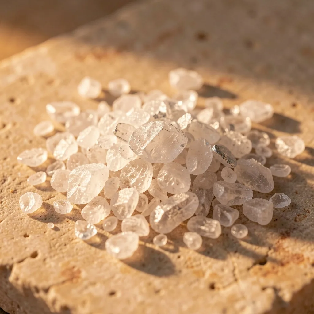 Magnesium salt flakes on stone